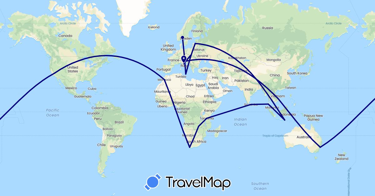 TravelMap itinerary: driving in Australia, Indonesia, Sri Lanka, Latvia, Morocco, Malta, Norway, Poland, Slovenia, San Marino, Thailand, United States, Vietnam, South Africa, Zambia (Africa, Asia, Europe, North America, Oceania)